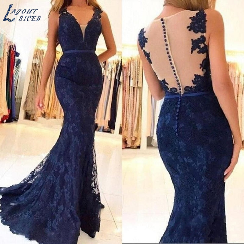 LAYOUT NICEB Charming Illusion Mermaid Evening Dresses Lace Formal Prom Party Dresses for Women Plus Size Gowns robes de soirée