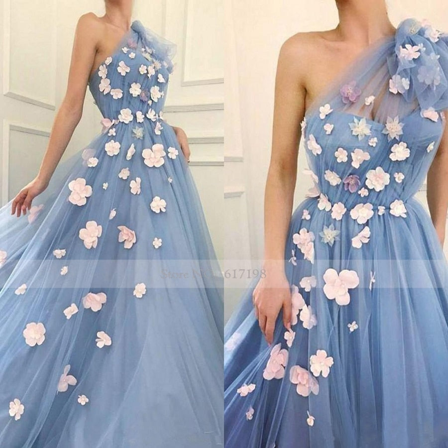 New 2020 One Shoulder Tulle Long Prom Dresses With Handmade Flowers A-line Women Party Dresses robes de soirée