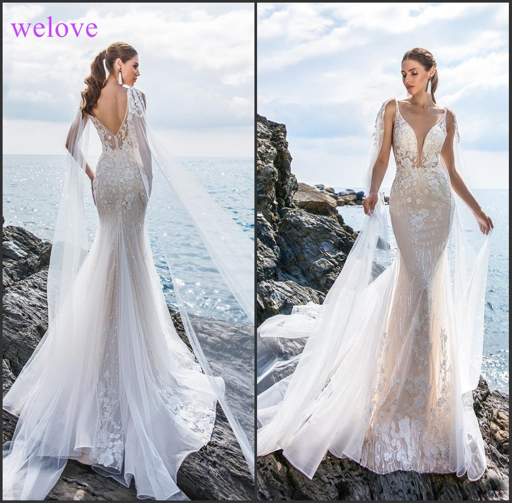 Robe de mariee New arrival 2021 Summer Beach Wedding Dress with Straps White Open Back Mermaid Wedding Dresses Vestige De Noiva