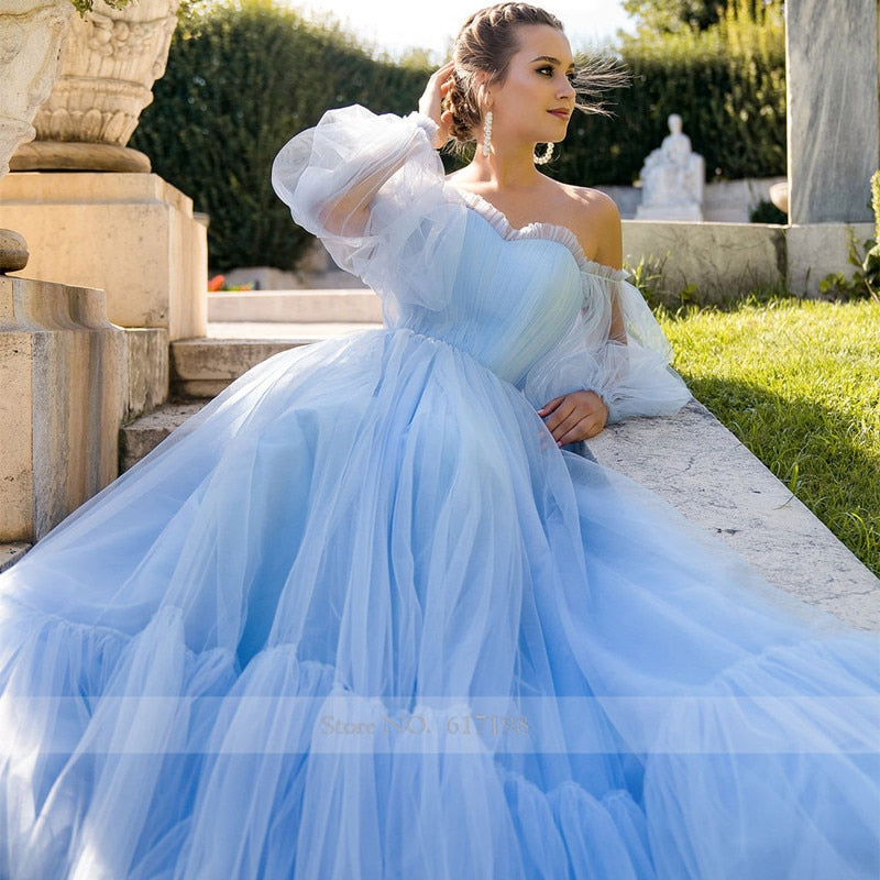 Sweetheart Draped Pleats Long Sleeve Tulle A-line Lace Up Back Prom Dresses 2021 Women Formal Evening Gowns robes de soirée
