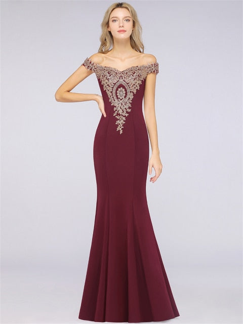 SALE Elegant Mermaid Evening Dresses Long Gold Lace Applique Off The Shoulder Robes de soirée de mariage Pink Formal Party Gown