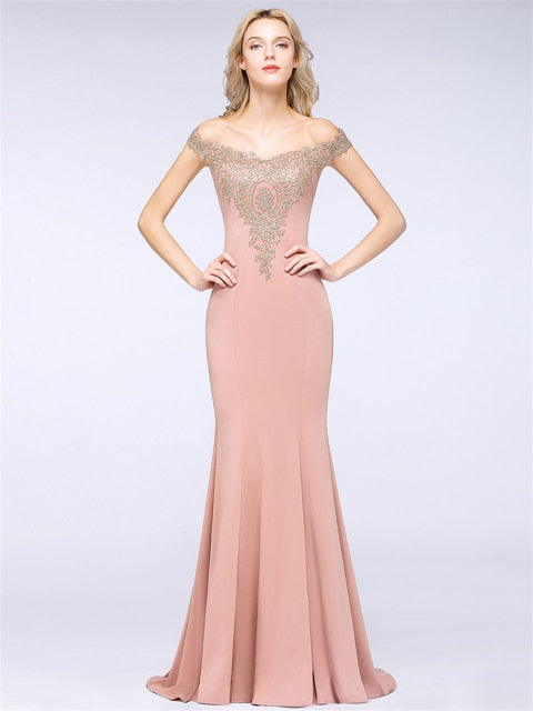 SALE Elegant Mermaid Evening Dresses Long Gold Lace Applique Off The Shoulder Robes de soirée de mariage Pink Formal Party Gown