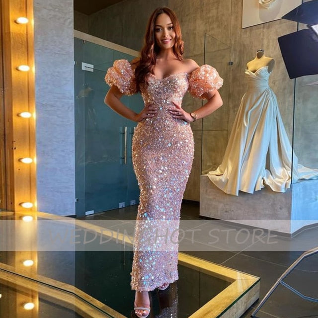 Sparkly Sequins Pink Evening Dresses Long 2021 Off The Shoulder Short Sleeves Prom Party Gown Sweetheart Glitter robes de soirée